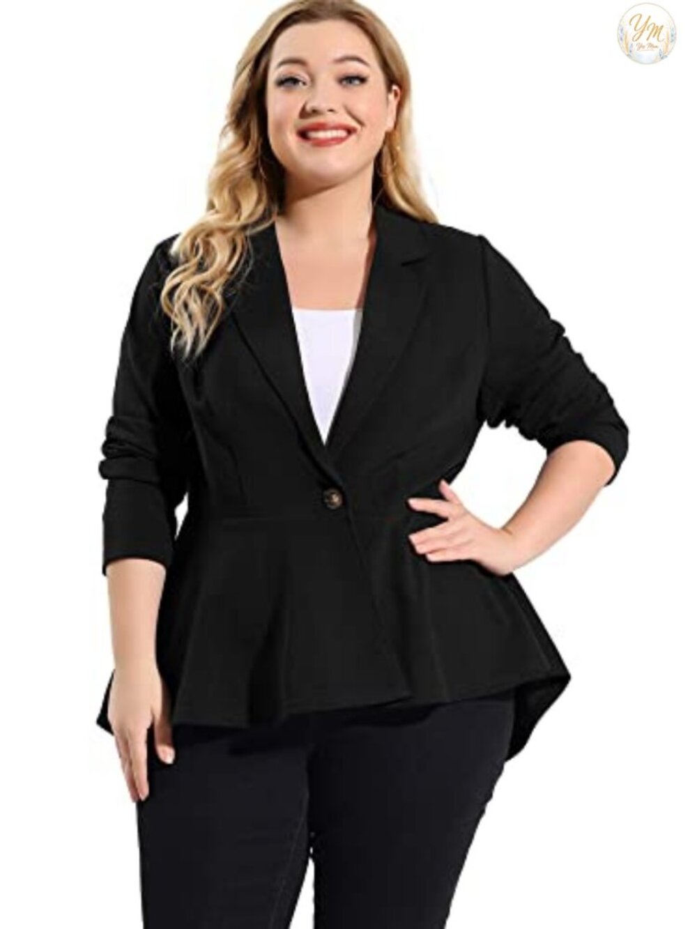 Plus Size Notch Lapel Ruffled Peplum Blazer Long Sleeve Button Up Work
